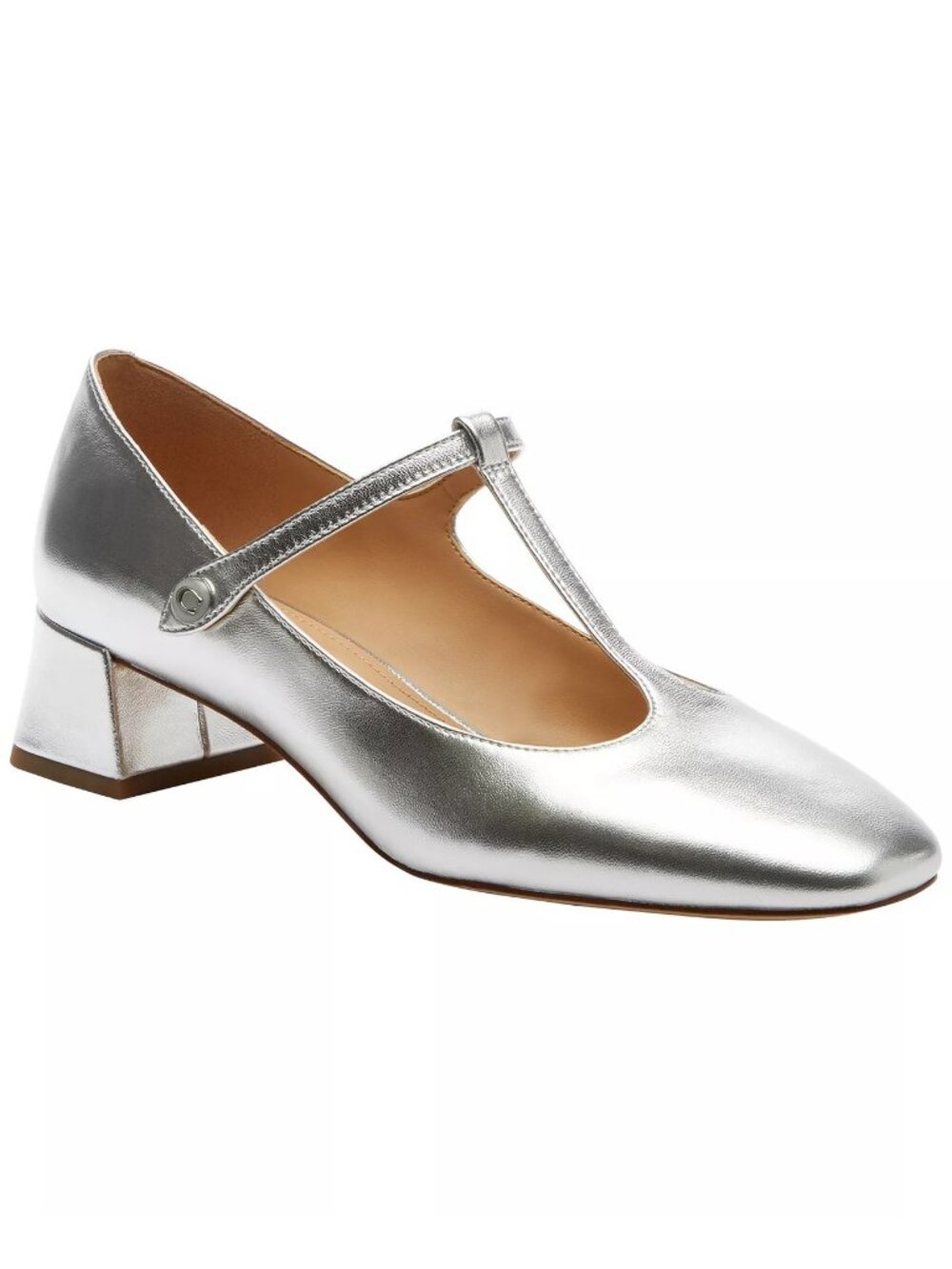Coach T-Strap Mary Jane Pumps Women's Size 7 Silver Metallic Leather Block Heel